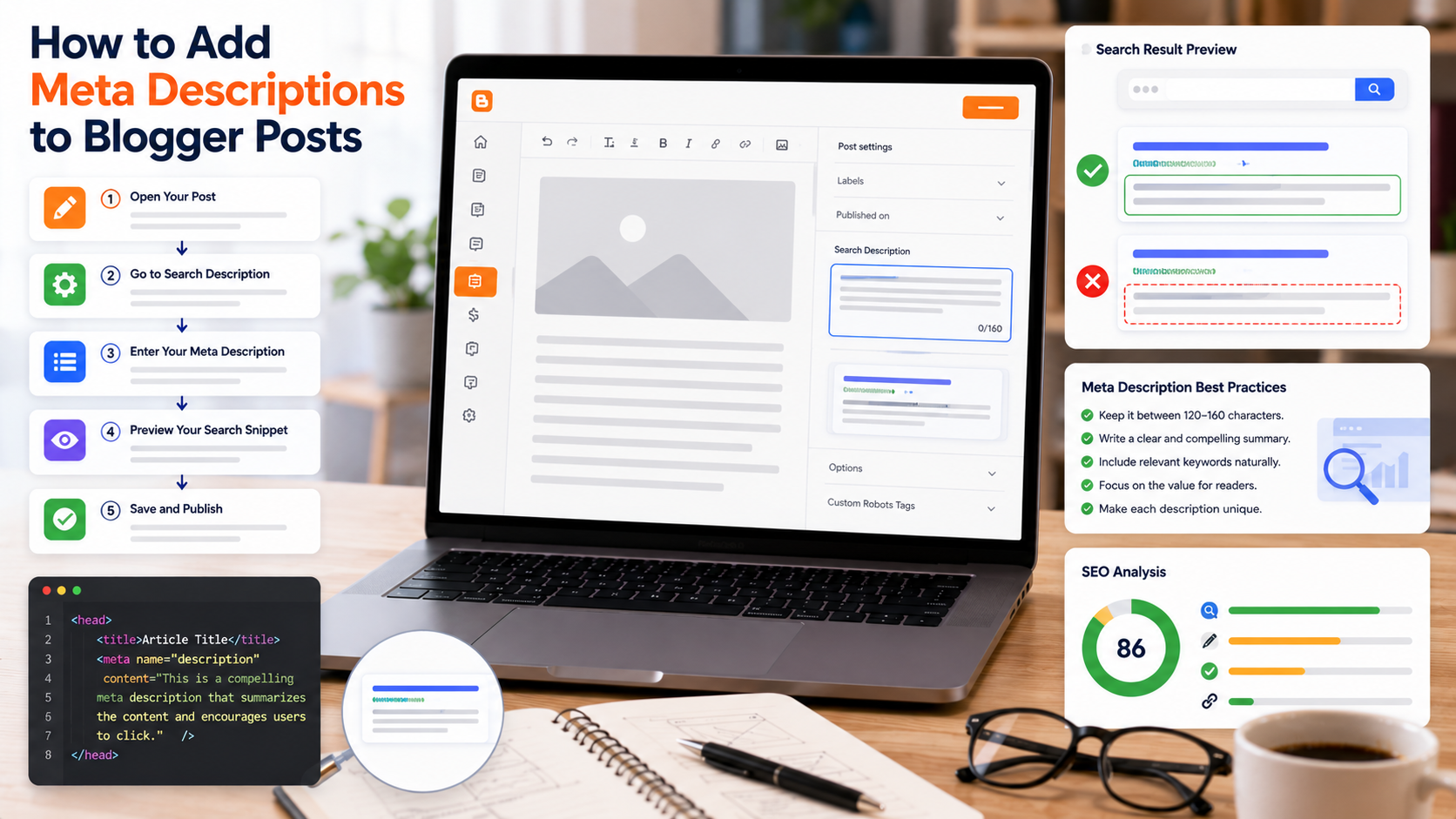 Blogger SEO dashboard showing meta description settings and search result previews.