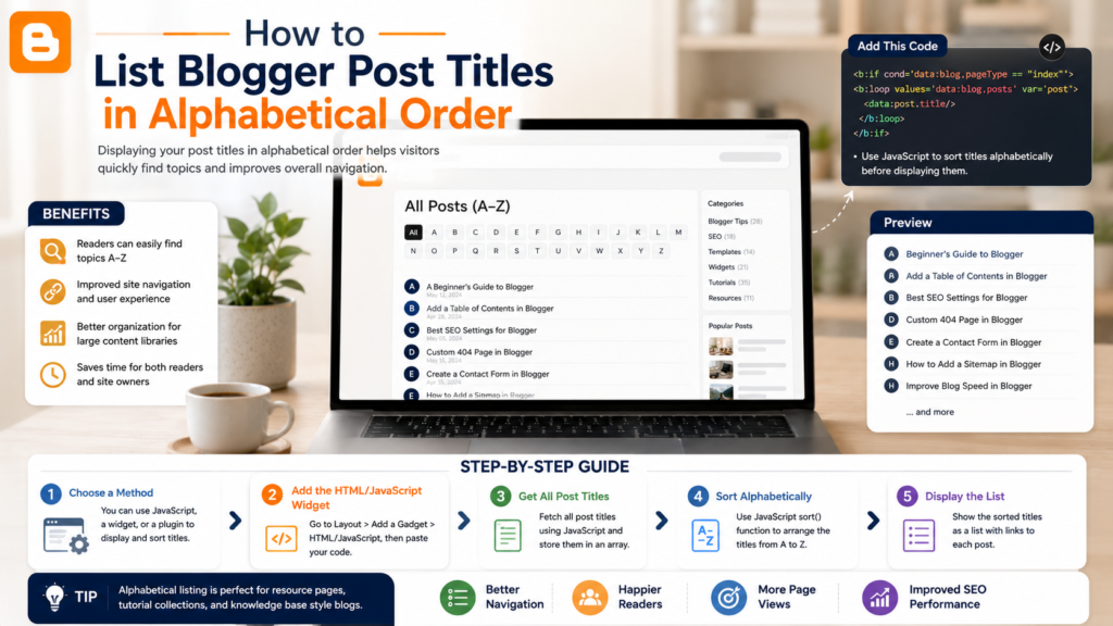 Alphabetical Blogger archive showing organized post titles for easier content navigation.