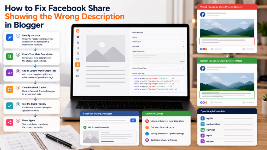 Blogger social sharing preview showing metadata and Open Graph troubleshooting tools.