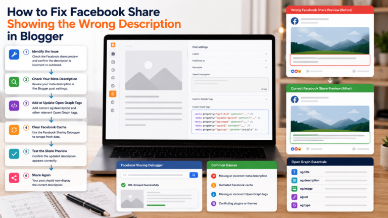 Blogger social sharing preview showing metadata and Open Graph troubleshooting tools.