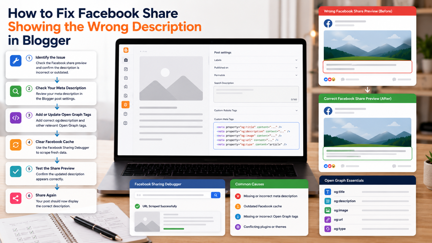 Blogger social sharing preview showing metadata and Open Graph troubleshooting tools.