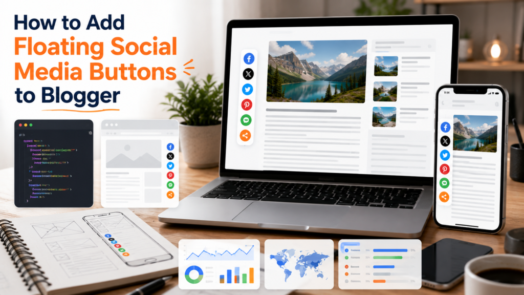 Floating social media buttons displayed alongside a Blogger article layout.