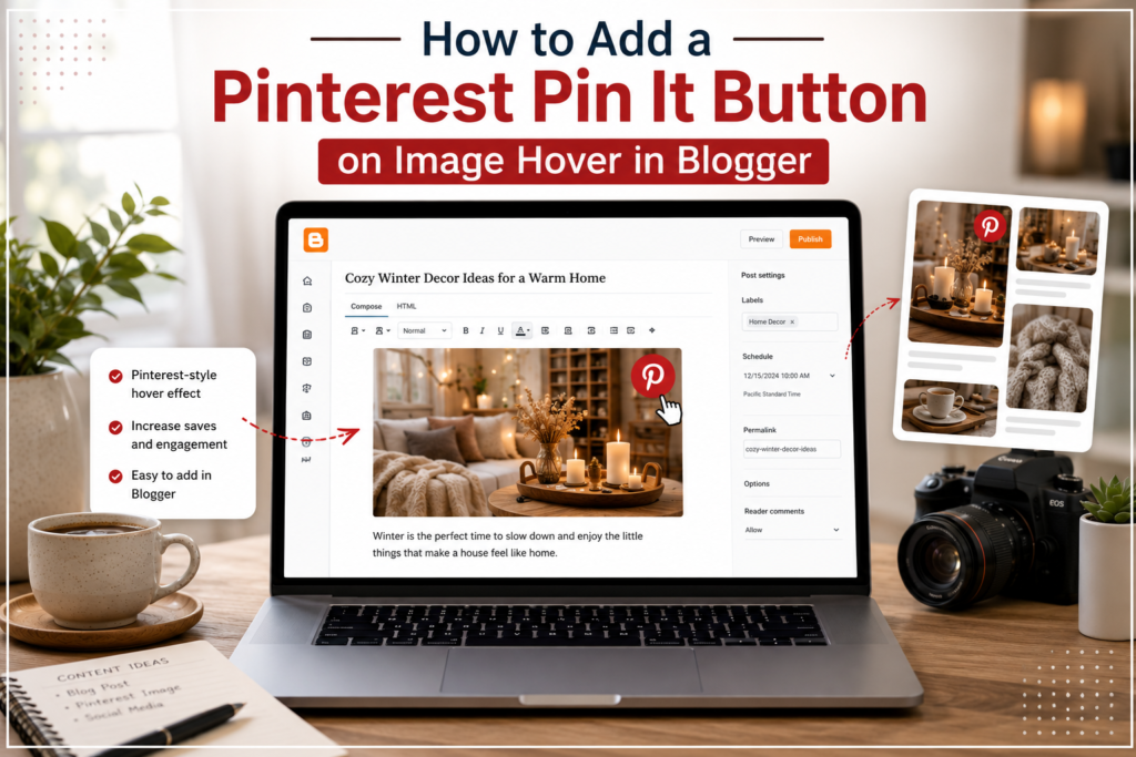 Blogger dashboard showing Pinterest image hover sharing functionality for visual content publishing.