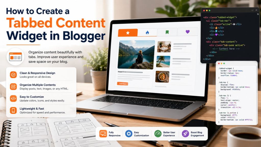Tabbed content widget interface displaying organized blog content sections in Blogger.